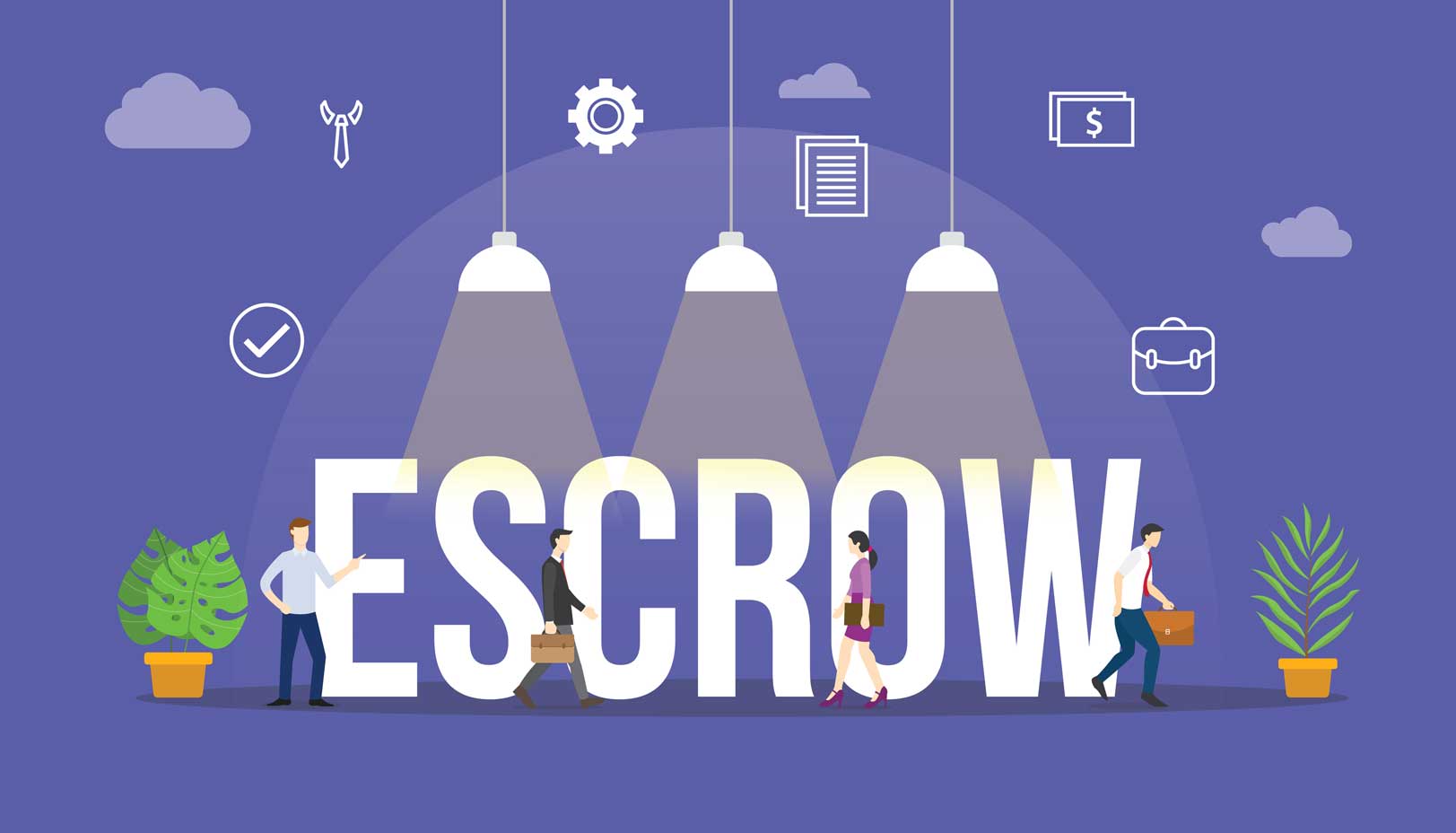 Word Escrow up against a purple background with lights, icons and plants