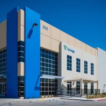 Blue and white commercial storage building