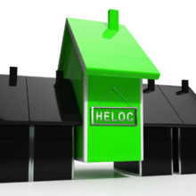 Green house in 3D with HELOC written on it next to two black 3D houses concept for Home Equity Line Of Credit.